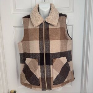 Sanctuary Women’s S Brown Plaid Sherpa Lined Vest Zip Front Wool Blend Cozy NWT